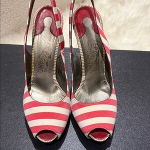Salvatore Ferragamo Red and White Striped Slingback Heels